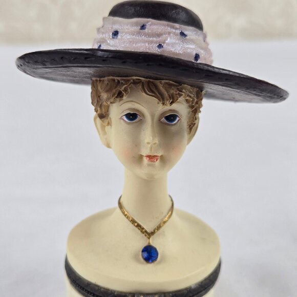 Set of 2 Trinket Boxes Ladies Wearing Hats Floral Accents on Base Resin Crystal - Picture 10 of 16